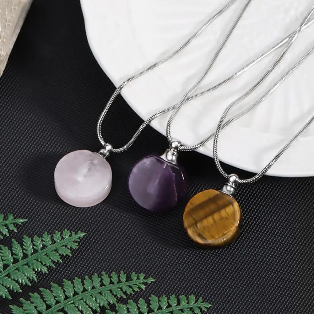 925 Sterling Silver Essential Oil Necklace For Women And Men, 14K Gold Filled Natural Stone Round Perfume Bottle Necklace, Essentials Oil Diffuser Vial Necklace (7 - Essential Oil Necklace)