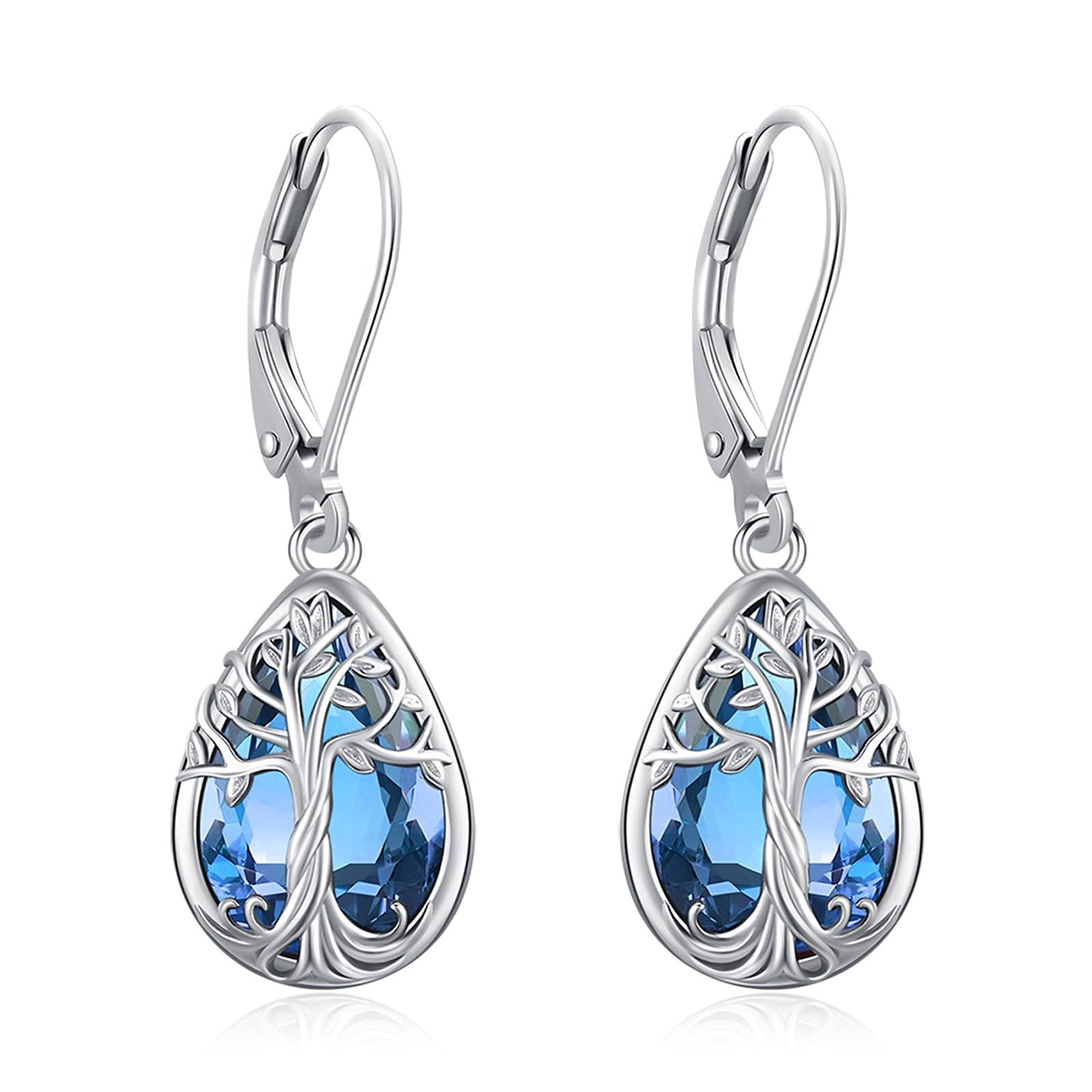 Eusense Tree of Life Earrings 925 Sterling Silver Drop Dangle Earrings for Women with Sapphire Teardrop Birthstone Jewelry Leverback Sterling Silver Jewelry Gift