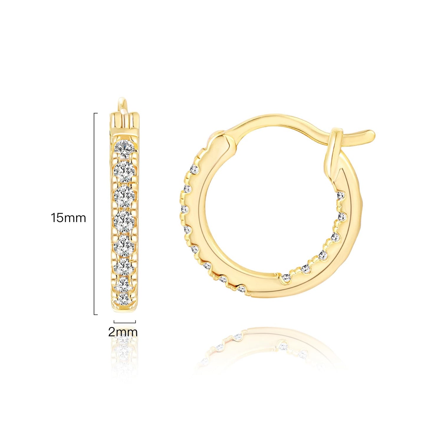 Suiune 14K Yellow Gold Hoop Earrings for Women, Hypoallergenic Dual-Sided Cubic Zirconia Hinged Hoops Jewelry for Woman, 2mm x 15mm