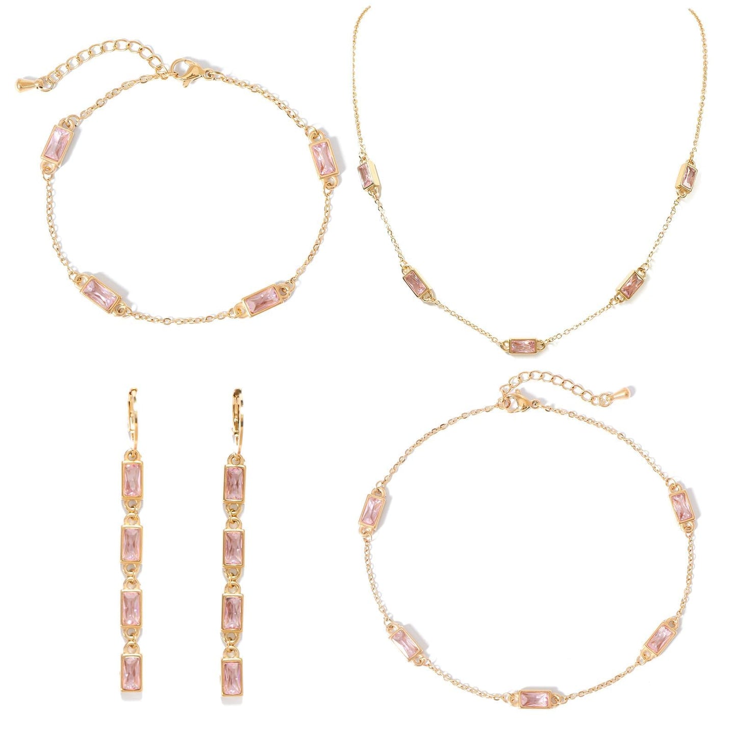 TaYolnFaSo Emerald-cut Pink Crystal Jewelry Set Cubic Zirconia Necklace Earring Bracelet Anklet Pink CZ Jewelry October Birthstone Gift for Women Wife Girlfriend