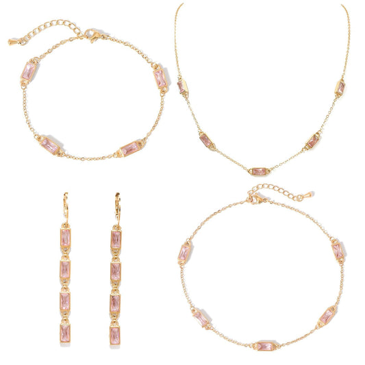 TaYolnFaSo Emerald-cut Pink Crystal Jewelry Set Cubic Zirconia Necklace Earring Bracelet Anklet Pink CZ Jewelry October Birthstone Gift for Women Wife Girlfriend
