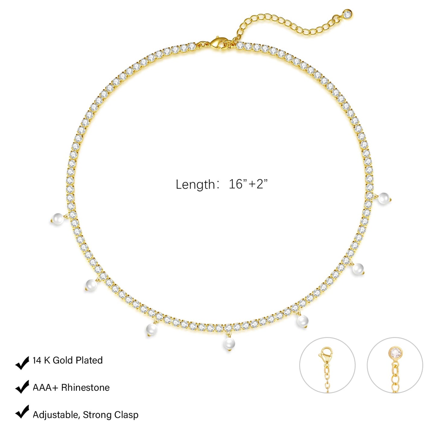 LULII Tennis Necklaces for Women Gold Rhinestone Choker Pearl Charm Necklace Dainty Cubic Zirconia Diamond Chain for Women Gold Jewelry Gift