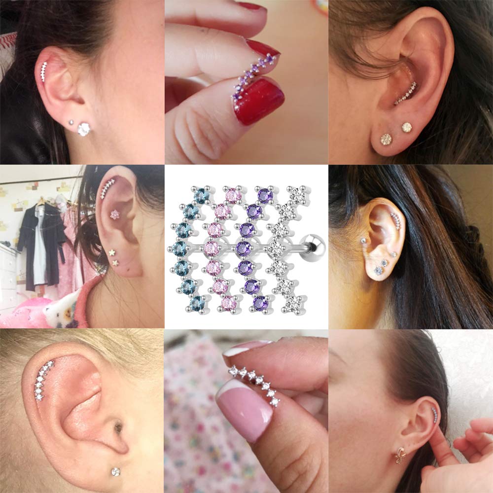ZS Curve Seven Stud CZ Stud Earrings 316L Stainless Steel Ear Helix Conch Cartilage Piercing (Purple)