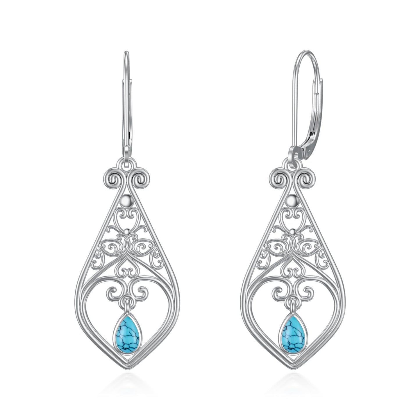 VONALA Filigree Earrings 925 Sterling Silver Turquoise Leverback Earrings Teardrop Dangle Dangling Drop Earrings Boho Jewellery Gift for Women