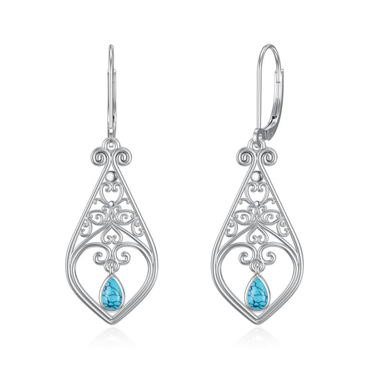 VONALA Filigree Earrings 925 Sterling Silver Turquoise Leverback Earrings Teardrop Dangle Dangling Drop Earrings Boho Jewellery Gift for Women