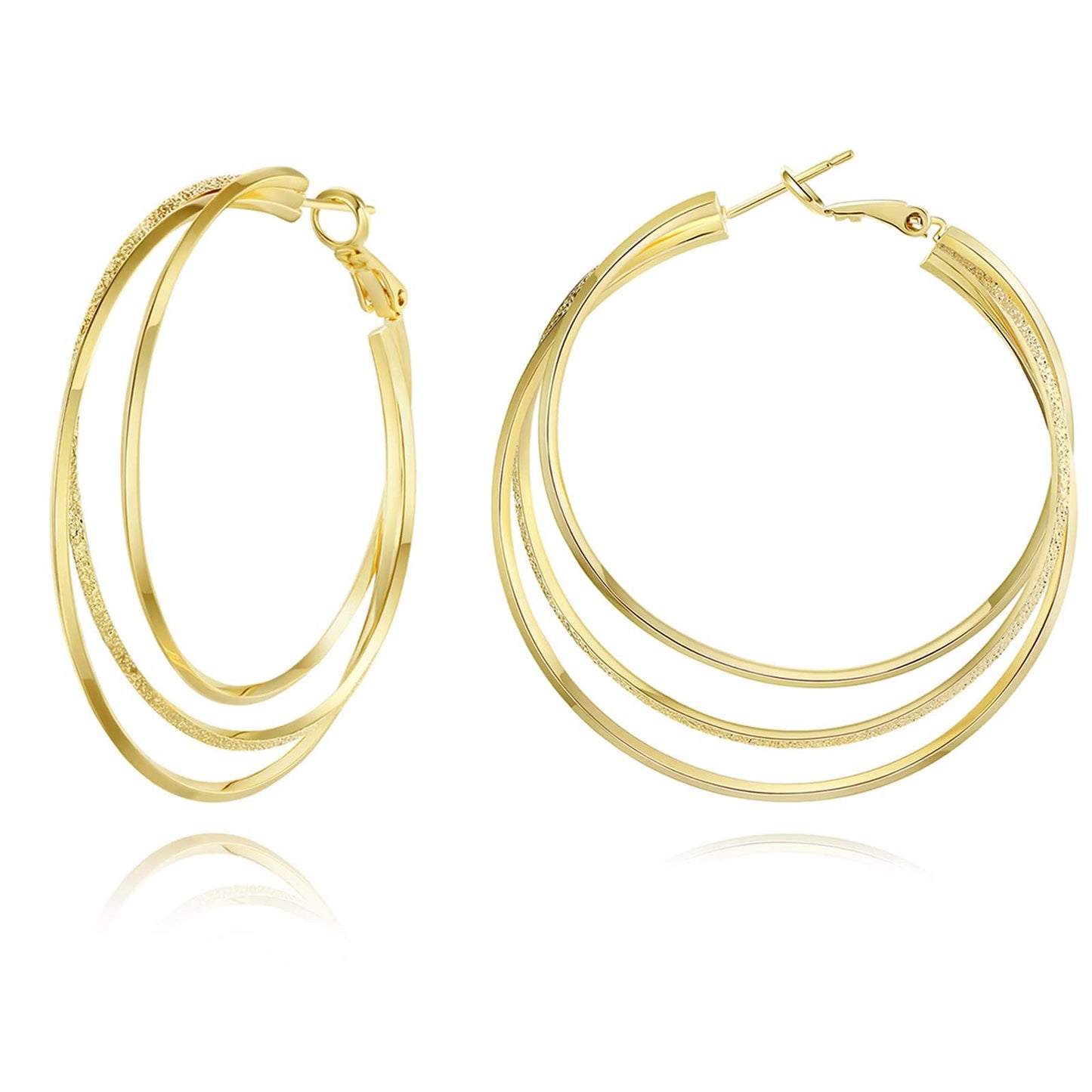GLOQUAT 14K Gold Plated Hoop Earrings for Women Large Gold Thin Hoops Twisted Triple Hoop Earring for One Ear Hole Lightweight and Hypoallergenic Chunky Earring Jewelry Gifts 50mm