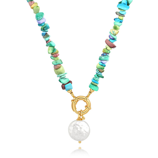 CANEVINKA 18K Gold Plated Bohemian Turquoise Pearl Necklace for Women Colorful Gravel Beads Necklace Summer Vibe Jewelry