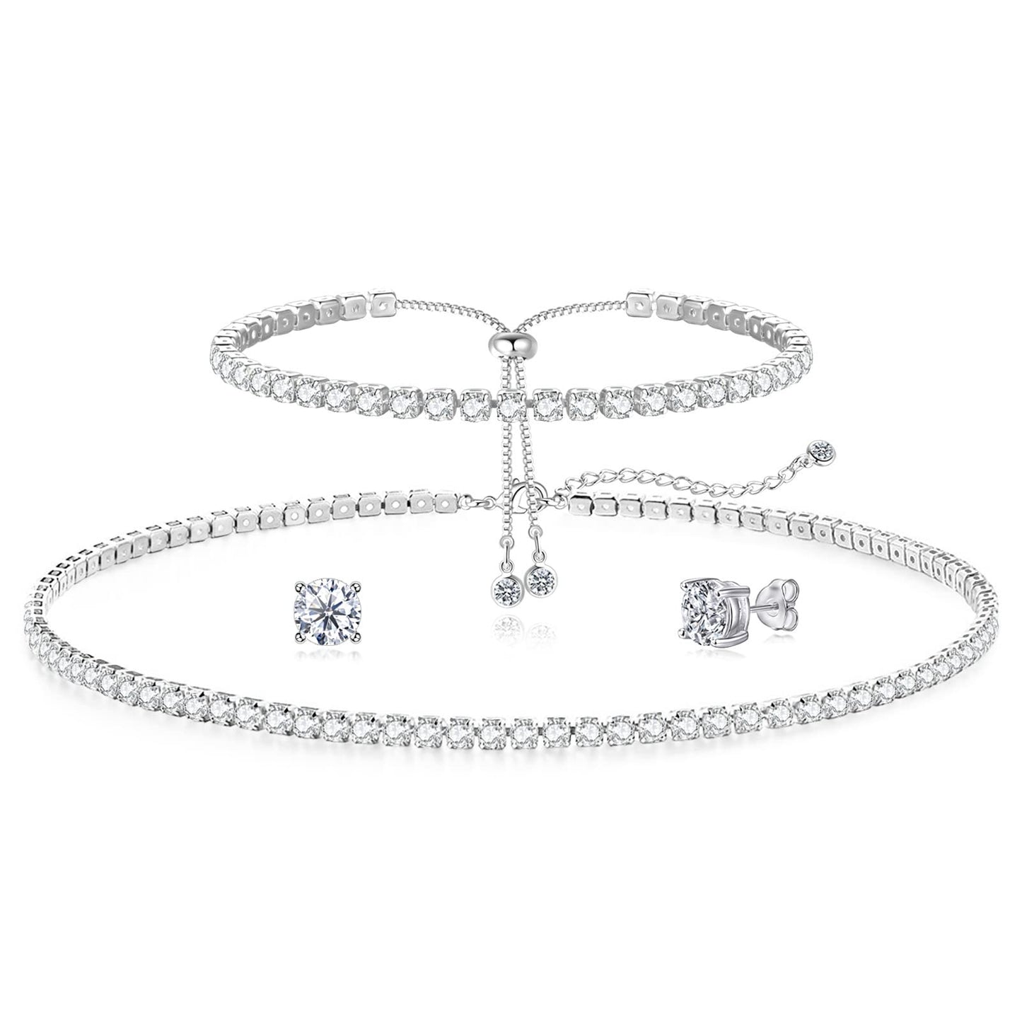 Zeffy Tennis Necklace Jewelry Sets for Women, White Gold Plated Jewelry Set with White AAA Cubic Zirconia, rhinestone choker necklaces, Bridal Jewelry Set for Wedding