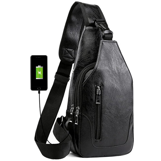 Peicees Leather Sling Bag Mens Crossbody Chest Bag Sling Backpack for Men with USB Charge Port