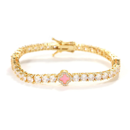 LuxeFlex 4mm Iced Out Clover Tennis Bracelet, White Gold Plated with 5A Zircon Stones, Handmade exquisite Hip Hop Jewelry, Perfect Unisex Gift (Gold-Pink,7)