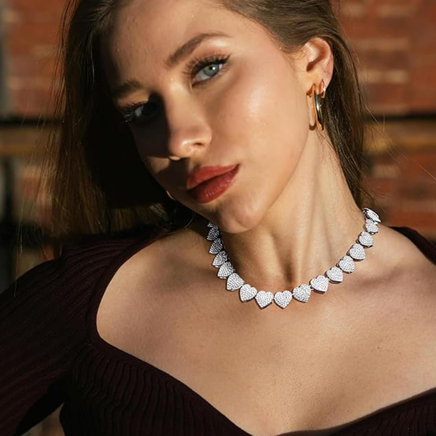 Zeffy Diamond Tennis Necklaces for Women Cuban Link Chain Cute Heart Necklace Silver Rhinestone Cuban Necklace Sparkly Diamond Choker Necklaces for Women Trendy Tennis Bridal Wedding Jewelry Gifts