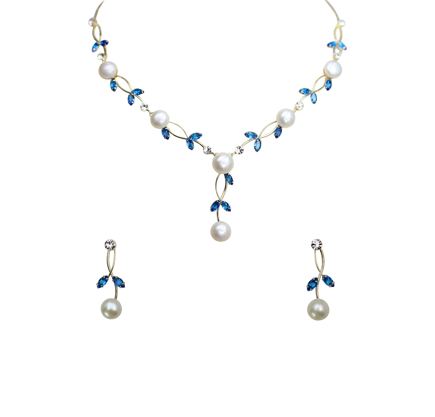 Faship Gorgeous Blue CZ Crystal Genuine Freshwater Pearls Floral Necklace Earrings Set - Blue/Gold Plated
