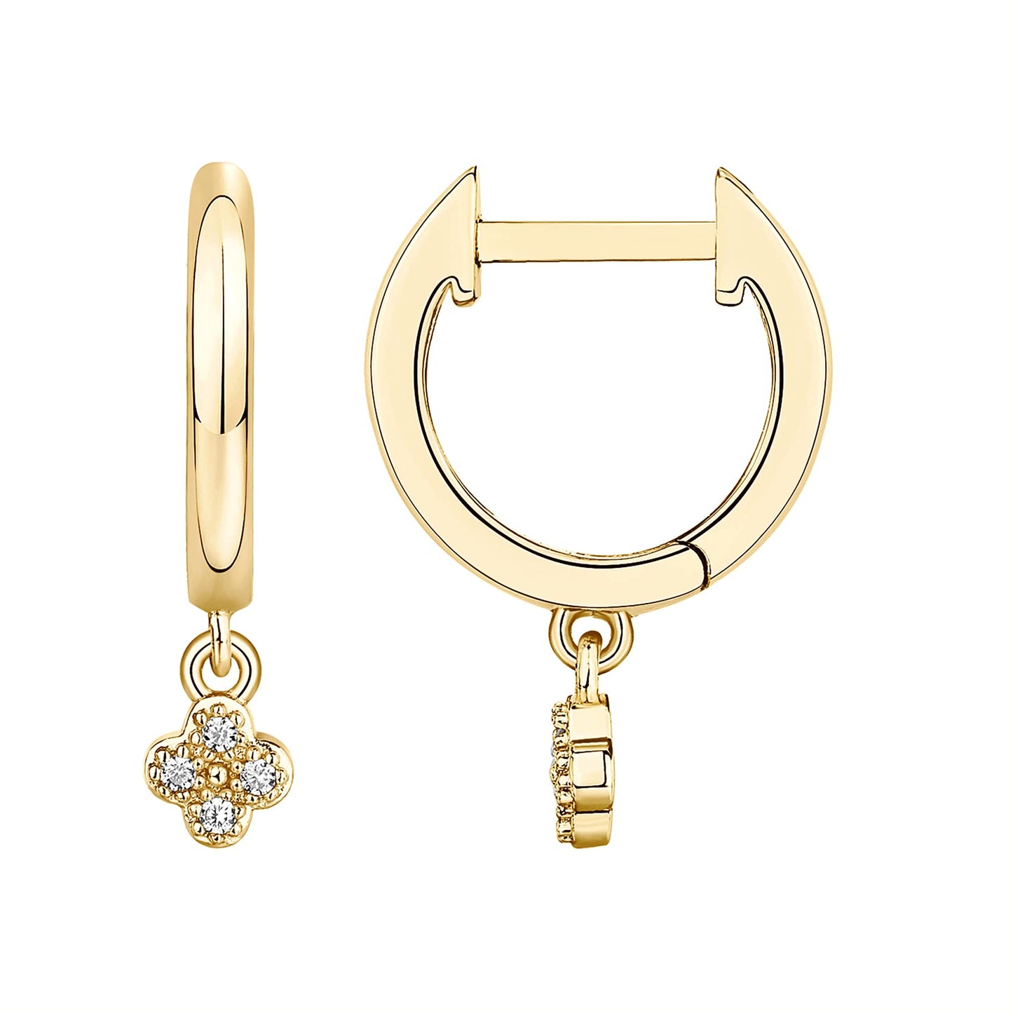 PAVOI 14K Yellow Gold Plated 925 Sterling Silver Post Dangle Huggie Hoop Earrings For Women - Trendy Clover Drop Hoop Earrings - Cubic Zirconia Small Hinged Huggies