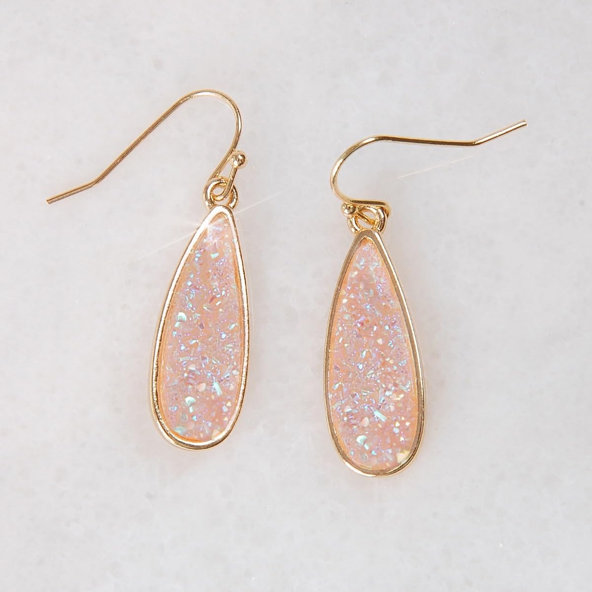 Light Pink Earrings for Women Dangling - Blush Pink Tear Drop Earrings Jewelry, Sparkly Simulated Rose Quartz Faux Druzy Bridal Dangle, Trendy Teardrop Long Dangly Boho Drops, Elegant Wedding Dangles