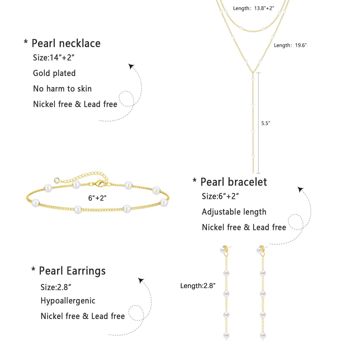 HERIER Gold Jewelry Set for Women Dainty 14K Gold Plated Layered Pearl Necklaces for Women Pearl Drop Earrings Bracelets Trendy Wedding Bride Jewelry Gift
