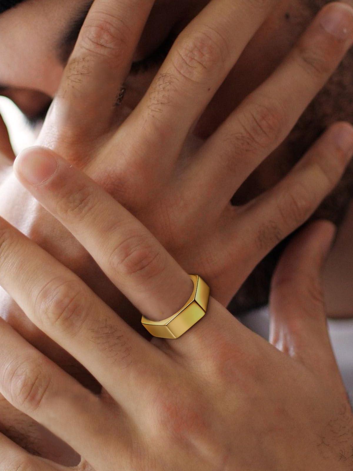 ChainsHouse Personalize Simple Band Rings 18K Gold Plated Geometric Hexagon Biker Ring for Men Women, Size 12