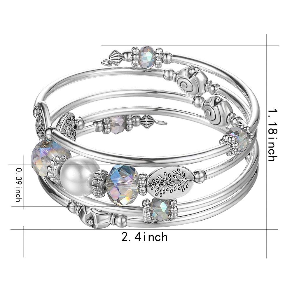 PEARL&CLUB Bead Crystal Wrap Bangle Bracelet - Fashion Jewelry Beaded Bracelet with Silver Metal, Gifts for Women(92-Green)