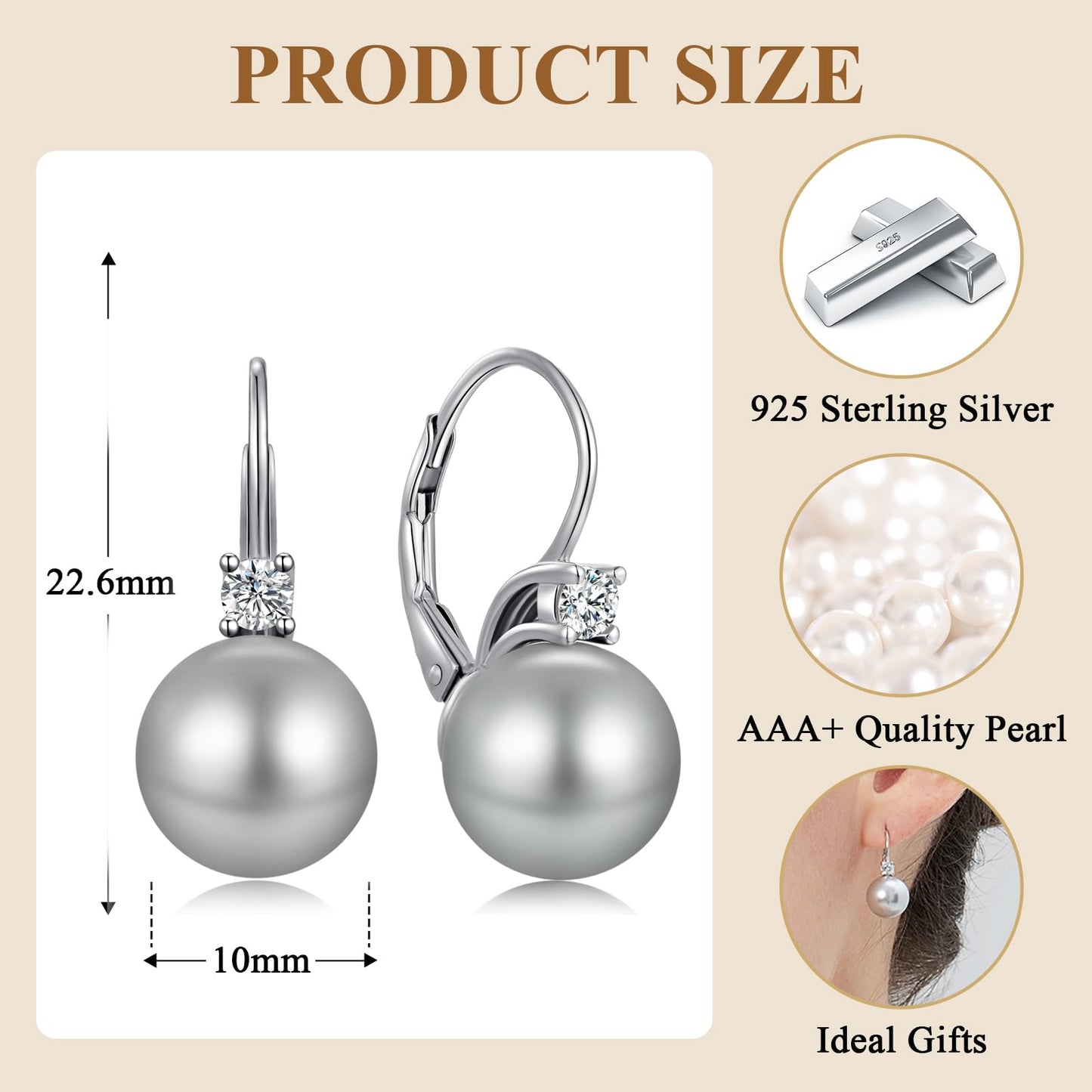 Jiahanzb Pearl Dangle Drop Earring for Women Cubic Zirconia CZ Pearl Leverback Earring Sterling Silver Gray Dangling Earrings 10mm Jewelry