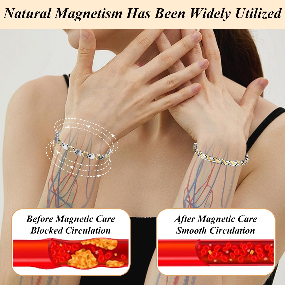 Vicmag Magnetic Bracelets for Women Titanium Steel Bracelet Strong Magnets with Adjustment Tool & Present Box (Silver Gold Fishtail & Love)