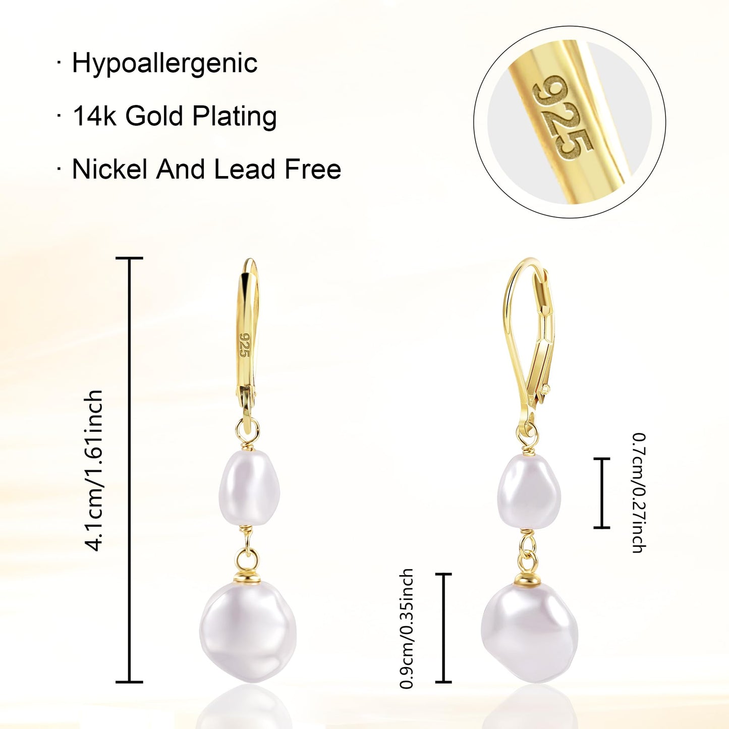 14K Gold Pearl Dangle Earrings for Women 925 Sterling Silver Double Pearl Drop Earrings HypoallergenicLeverback Baroque Irregular Pearls Earring