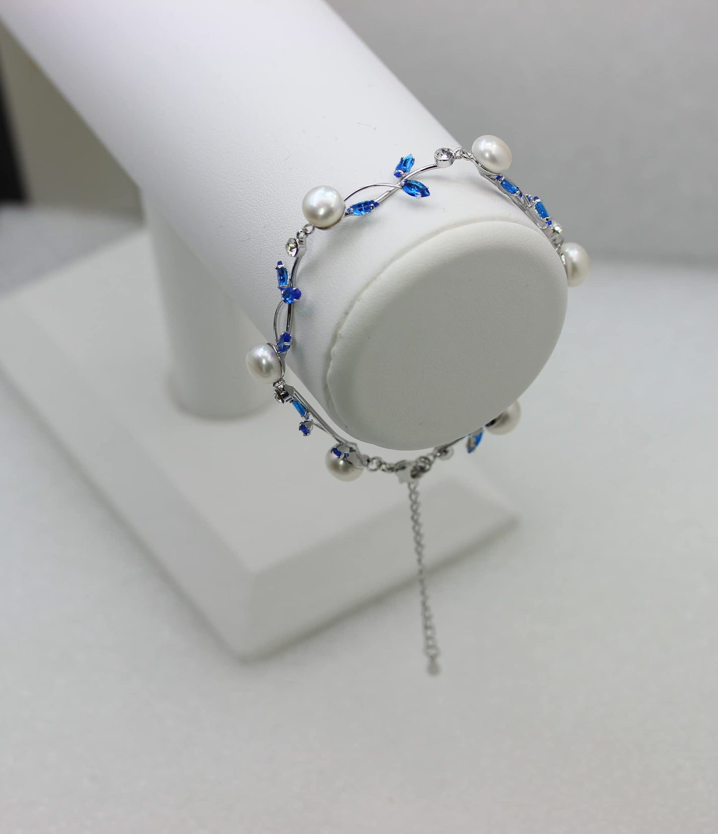 Faship Blue CZ Crystal Genuine Freshwater Pearls Floral Bracelet 7.5" - 9.5" - Blue/Matching Bracelet
