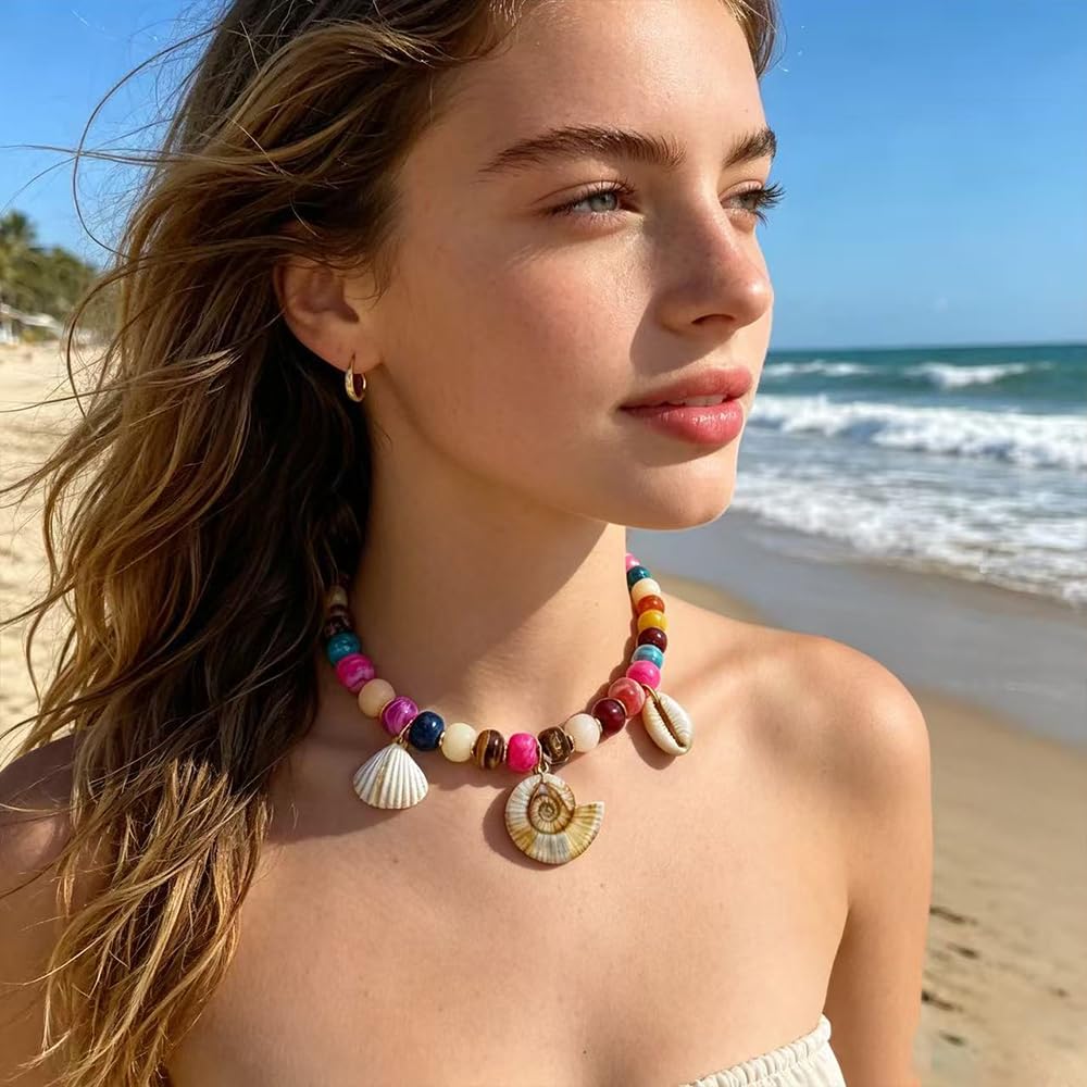 ROYNRAU Chunky Colorful Beaded Necklace for Women-Unique Resin Beads Starfish Shell Charms Pendant Choker Necklaces Boho Statement Summer Vacation Beach Jewelry (Conch-Round)
