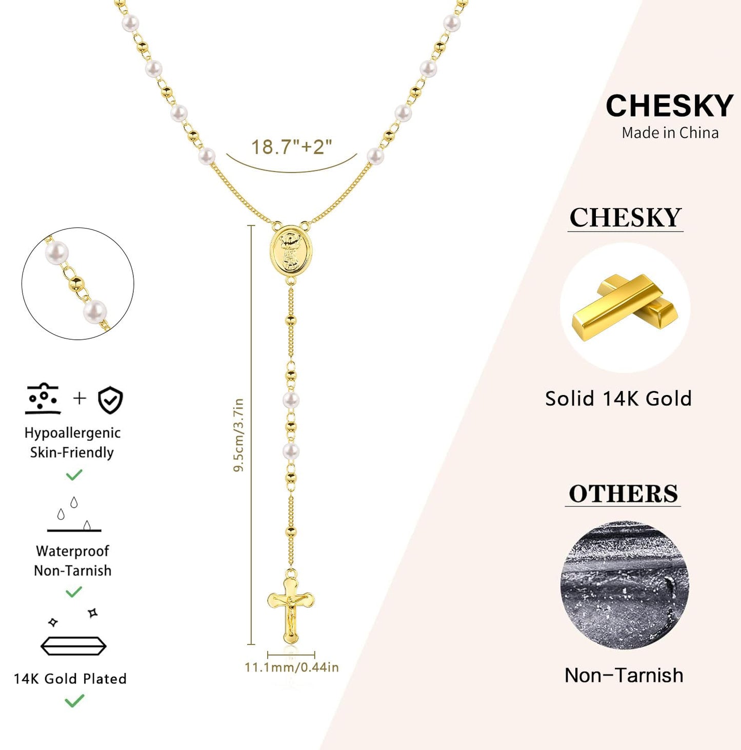 CHESKY Cross Necklace for Women Trendy, Dainty Long Gold Plated Y Shaped Pearl Necklace for Womens Simple Virgin Mary Jesus Pendant Necklace Gold Jewelry Gifts