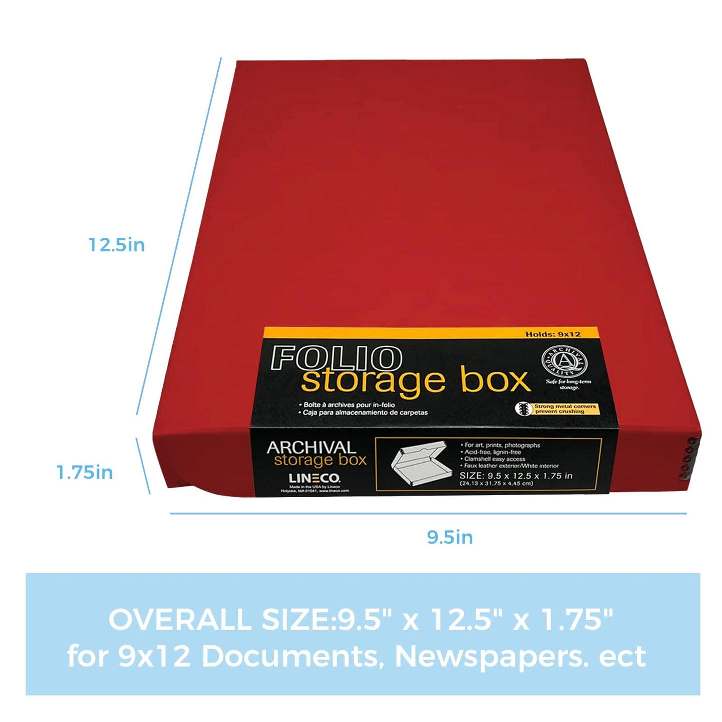 Lineco Folio Storage Box, Faux Leather Cover, Clamshell Design, 9.5x12.5x1.75 Inches, Archival Boxboard, Preserve Photos, Cards, Magazines, Documents, Art, Ephemera, Family Records, Red, Pack of 1