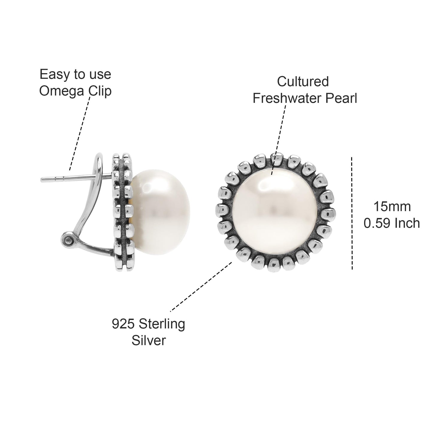 LeCalla 925 Sterling Silver Omega Earrings Classic Cultured Freshwater Pearl Earrings Omega Back Stud Earring for Women - 15MM