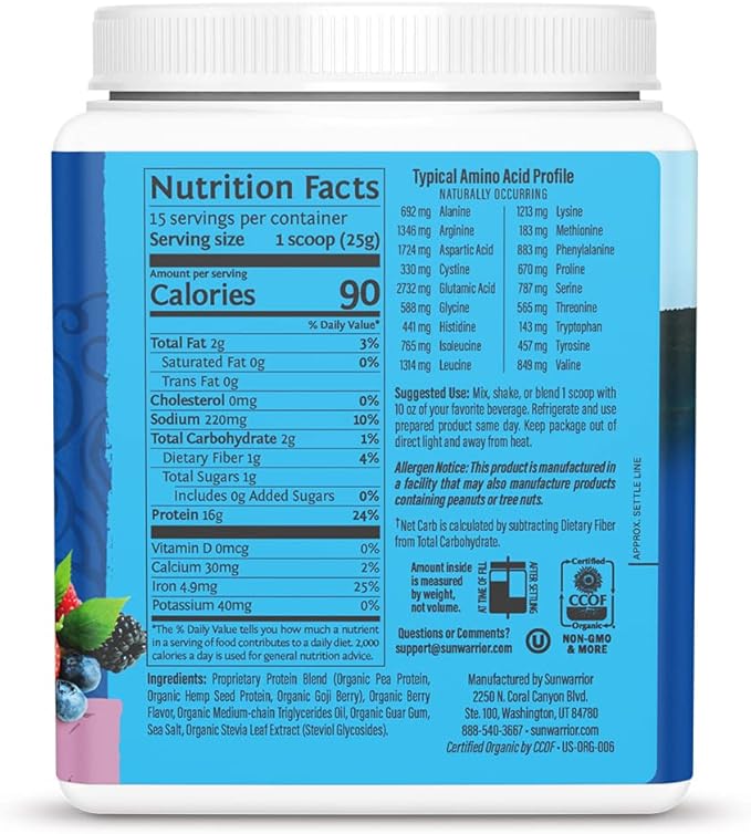 Vegan Protein Powder with BCAA | Organic Hemp Seed Protein Gluten Free Non-GMO Dairy Free Soy Sugar Free Low Carb Plant Based Protein Powder | Berry 15 SRV 375 G | Warrior Blend by Sunwarrior
