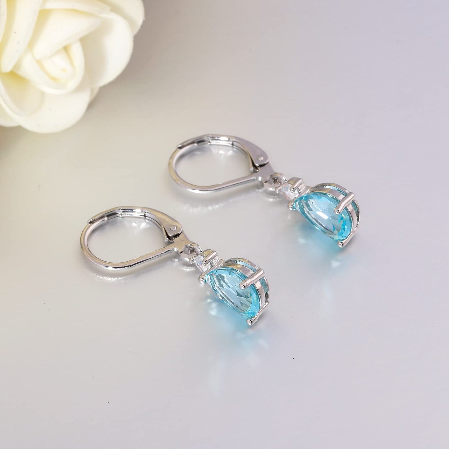 CiNily Leverback Dangle Earrings for Women 14K White Gold Plated Drop Earrings Blue Cubic Zircon Fashion Teardrop Hoop Earrings Hypoallergenic Jewelry for Sensitive Ear