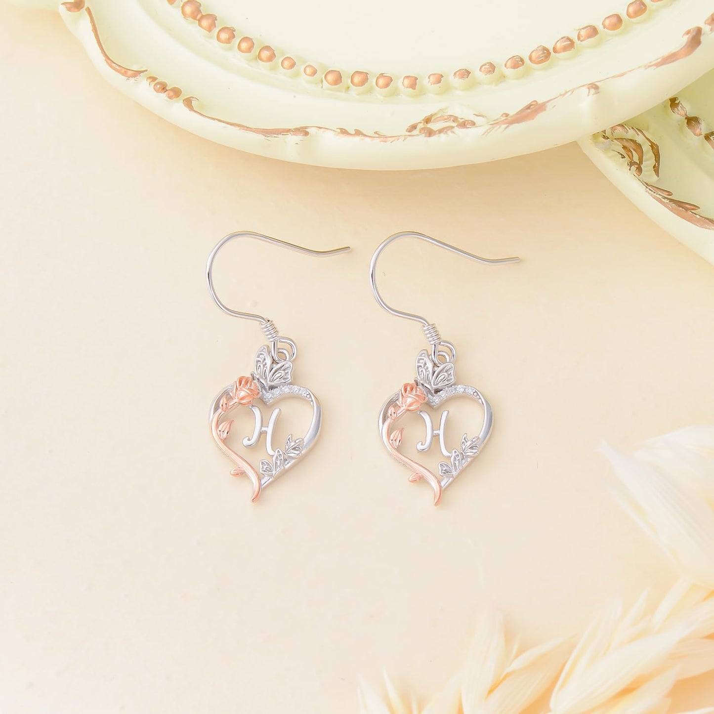 TOUPOP Rose Heart Initial Earrings Sterling Silver Butterfly Earring Initial H Letter Drop Dangle Earrings Jewelry Anniversary Birthday Mothers Day Gifts for Women Mom Wife Girlfriend Her