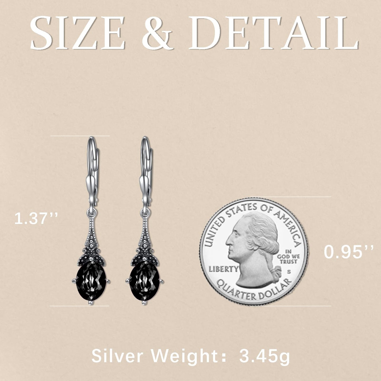 Vintage Gothic Black Earrings for Women Sterling Silver Retro Leverback Drop Dangle Earrings with Jet Black Oval Crystal from Austria, Birthday Jewelry Gifts for Women