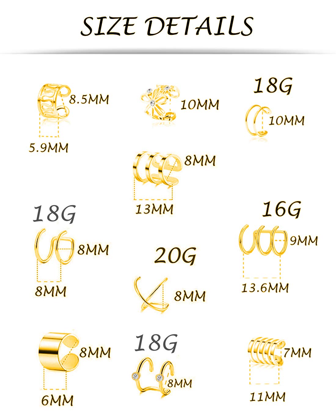 Tornito 4-10 Pairs Stainless Steel Ear Cuff Helix Cartilage Clip On Wrap Earrings Fake Nose Ring Non-Piercing Adjustable (A1:10 Pairs, Gold Tone)