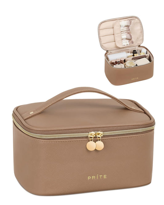 Prite Makeup Bag, Large Capacity Cosmetic Bag for Women and Girls, Waterproof PU Leather Travel Makeup Case, Toiletry Organizer with Handle and Divider for Skincare and Brushes - Brown