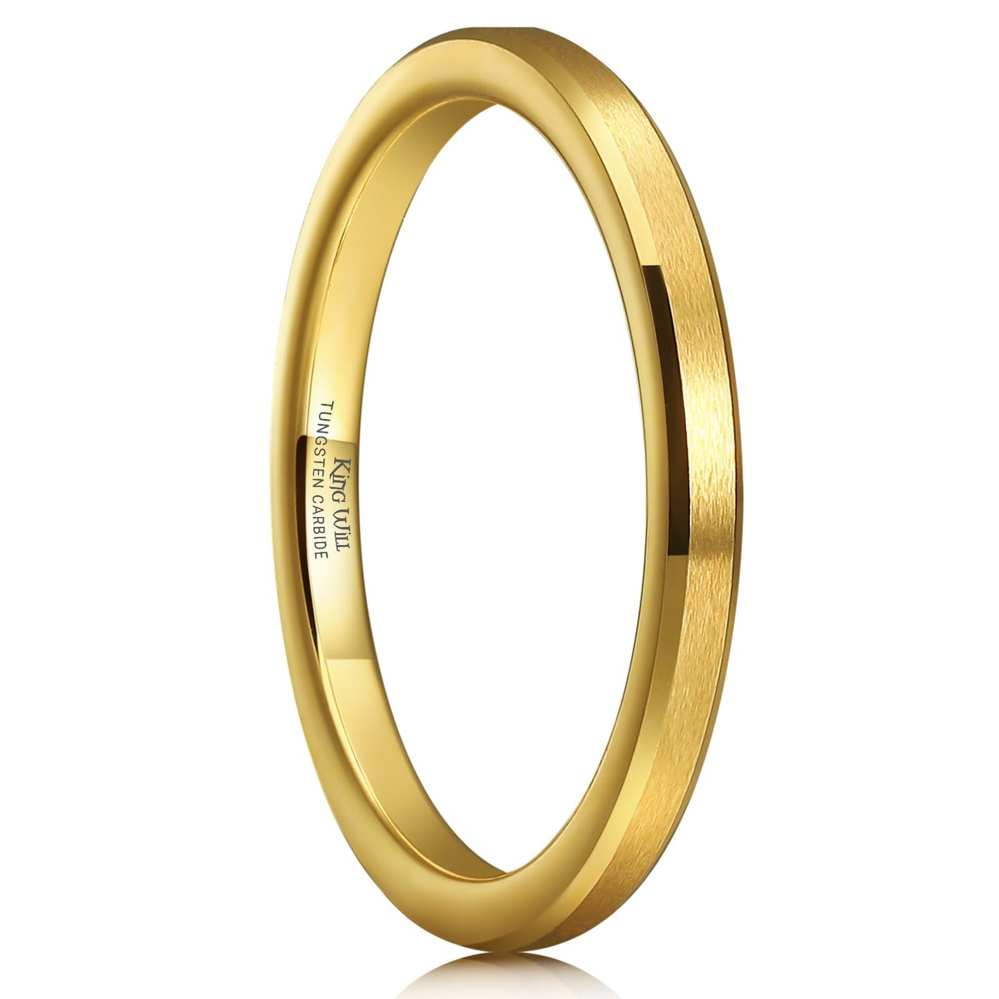 King Will 2mm Gold Tungsten Men's Wedding Band - Brushed Matte Finish, Beveled Polished Edge, Comfort Fit Size 9