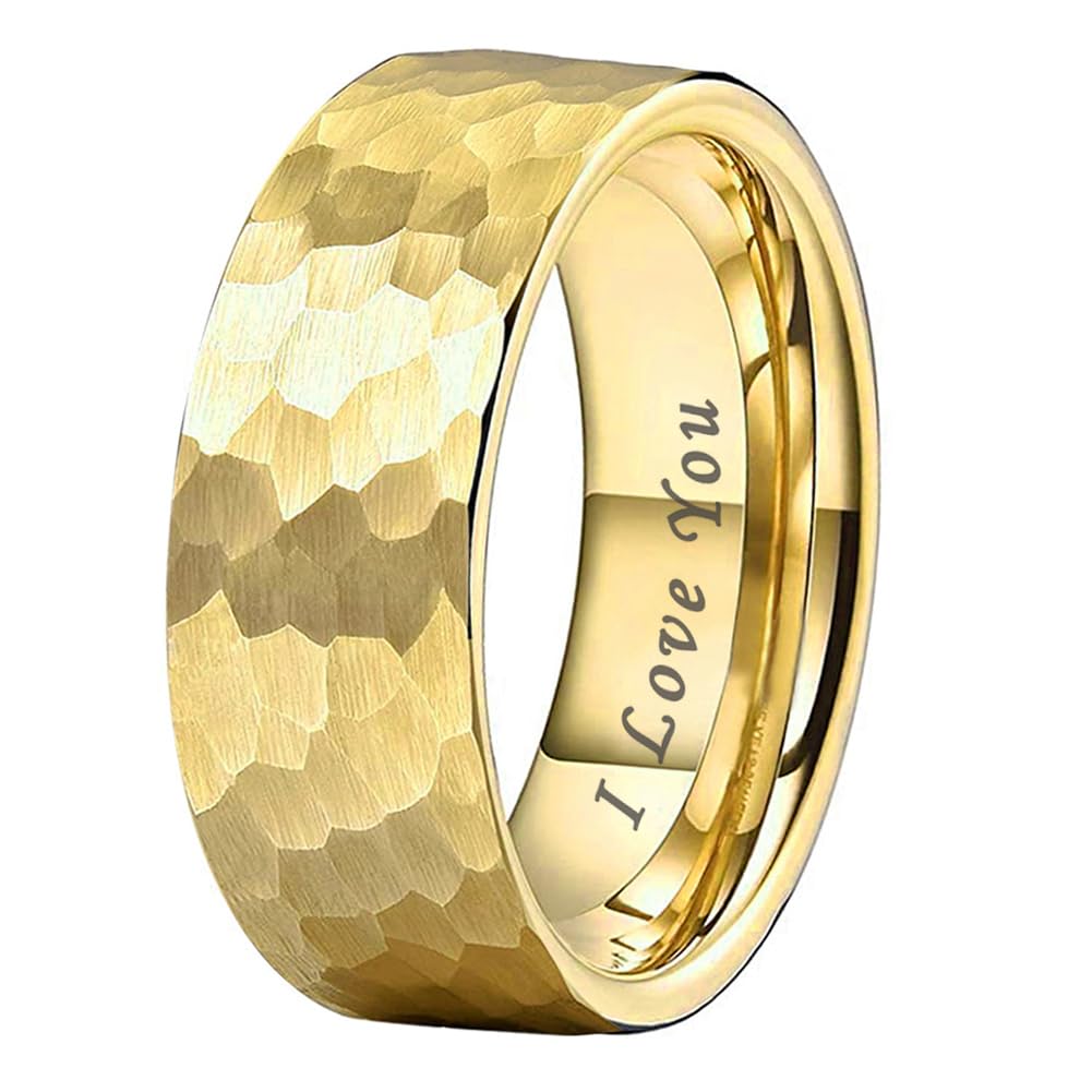 TUTISS 8mm Gold Hammered Tungsten Carbide Rings for Men Women Fashion Engagement Wedding Bands Matte Finish I Love You Engraved Comfort Fit Size 10