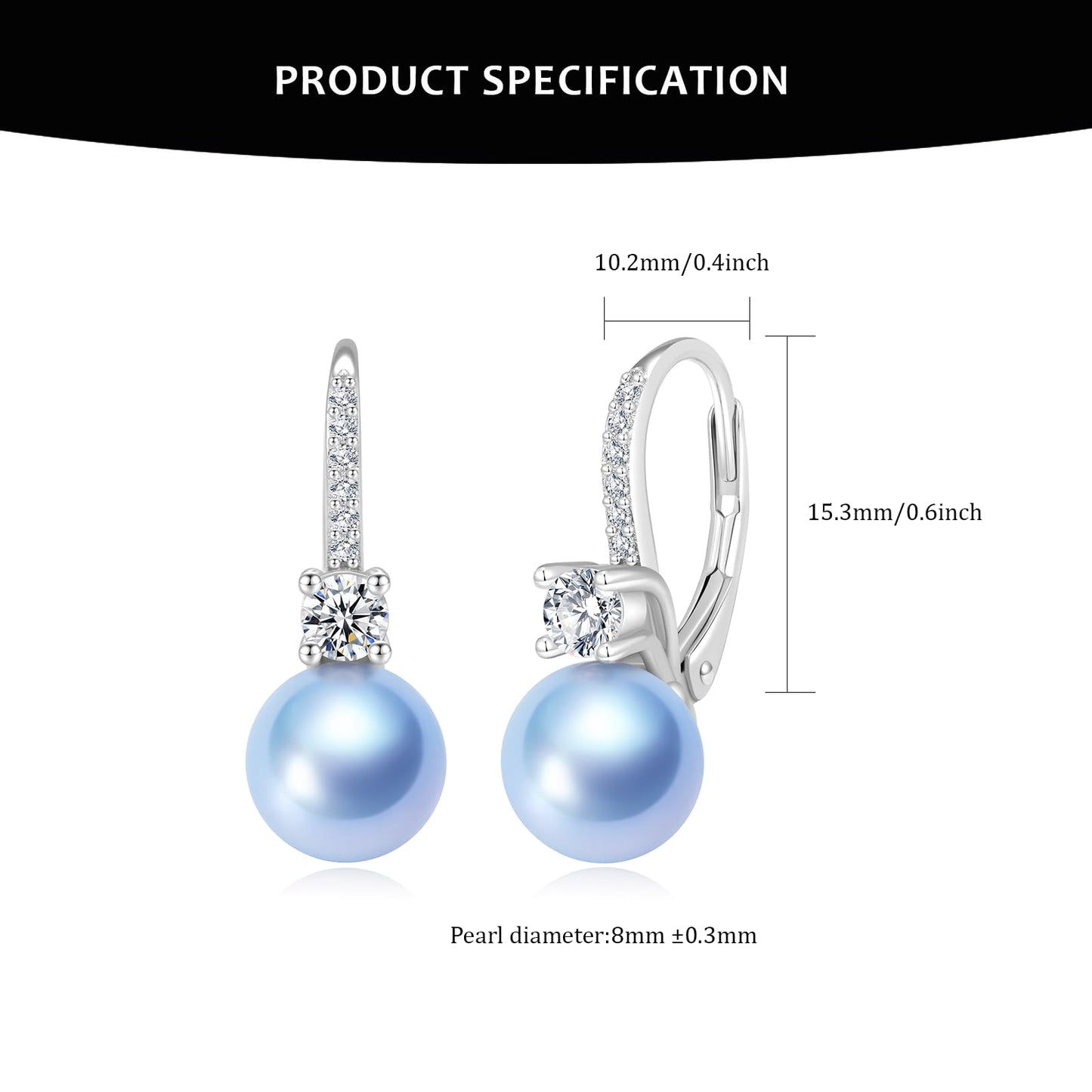 BAMIKI Blue Pearl Drop Dangle Earrings 925 Sterling Silver Cubic Zirconia Leverback Earrings, 8MM Round Saltwater Cultured Pearls Jewelry Gifts for Women Wife Mother