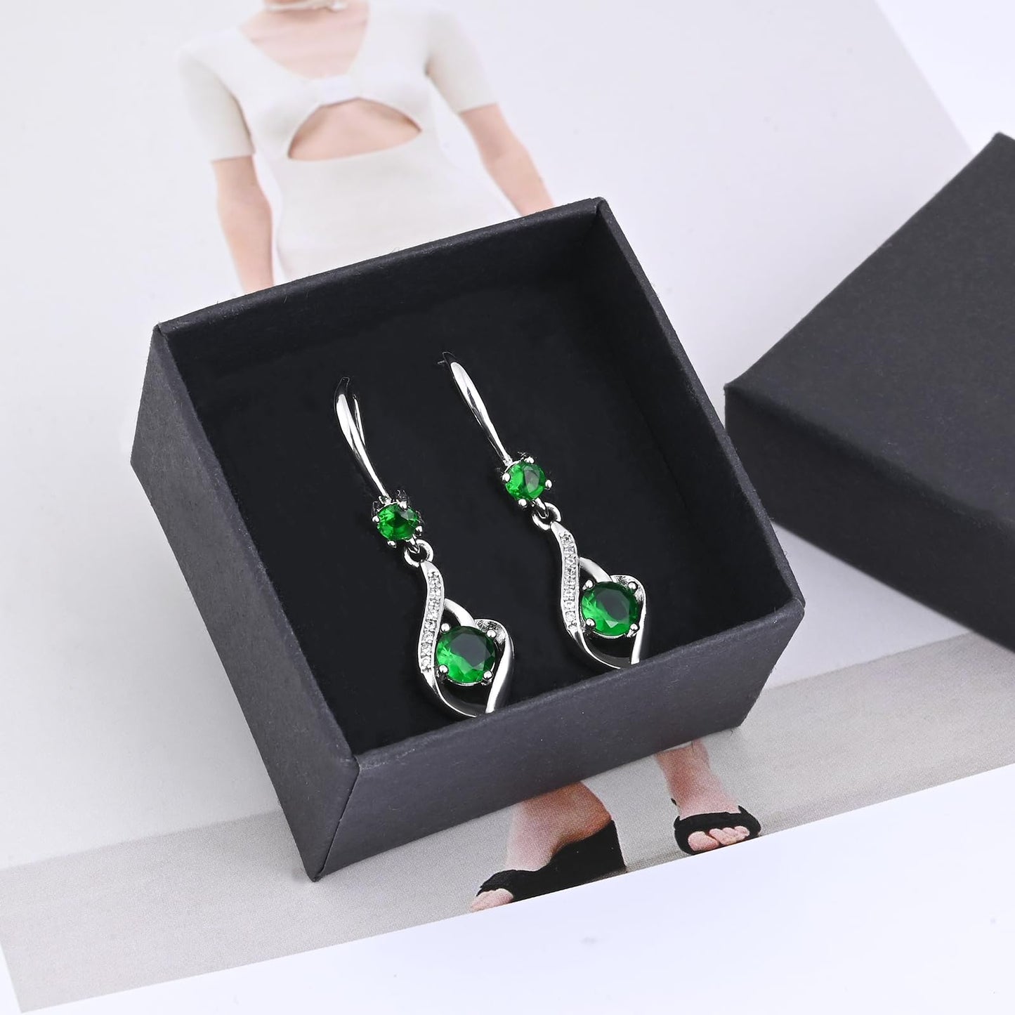 Heart Emerald Drop Dangle Earrings-925 Sterling Silver with Green Crystals-Long Birthstone Jewellery for Women
