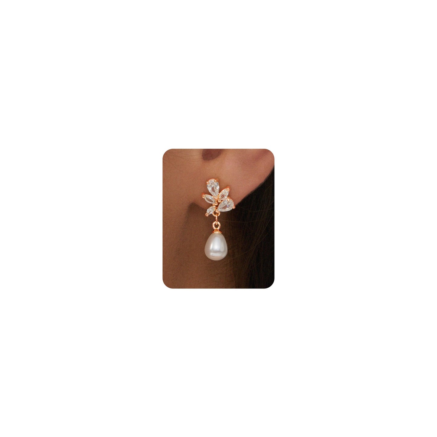 PRTGL Pearl Earrings: 14k Rose Gold Plated Cubic Zirconia Accented Teardrop Pearl Drop Wedding Engagement Earrings For Women Bridal Bridesmaid (Leaf Designed)