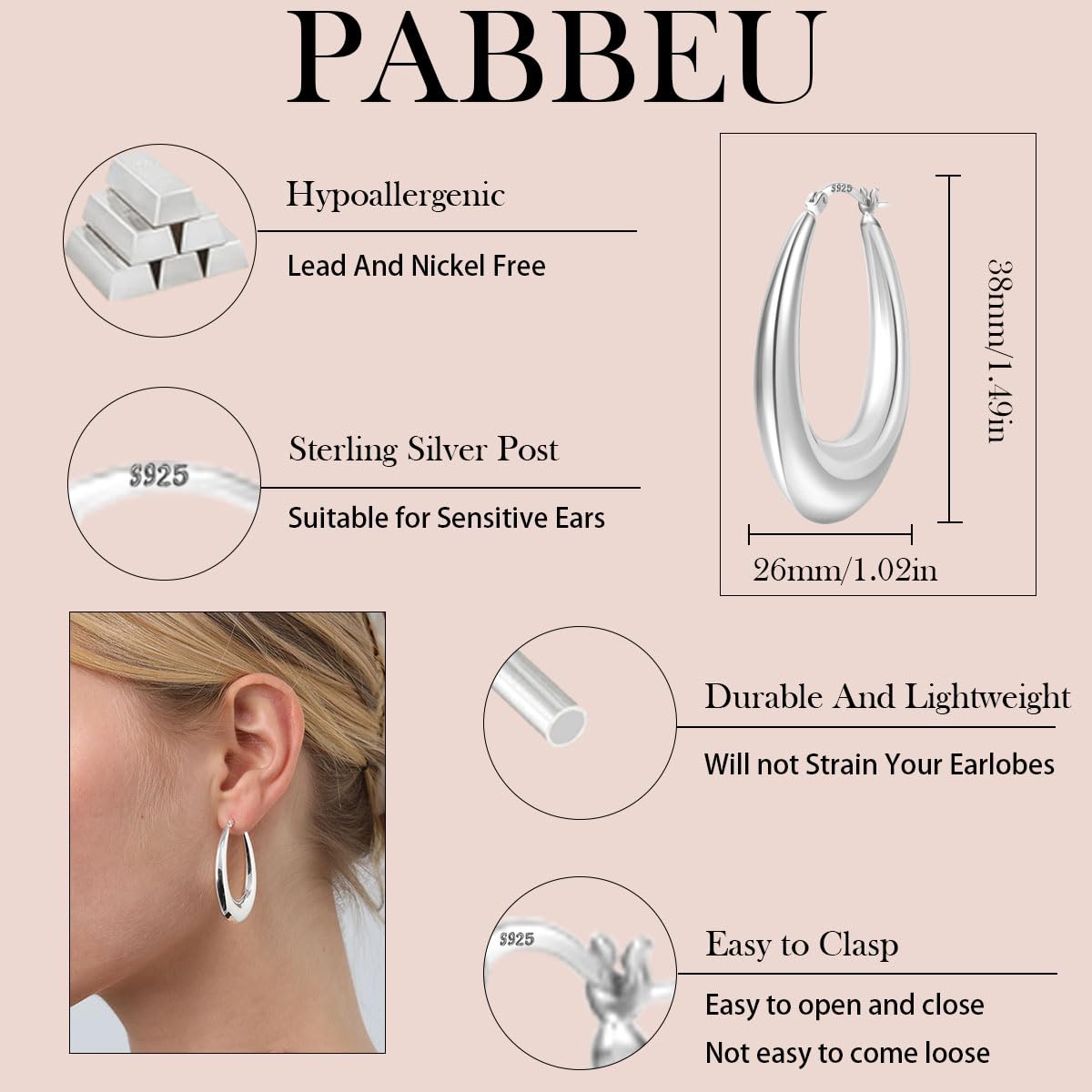 PABBEU Sterling Silver Chunky Oval Hoop Earring, 38mm, 925 Metal Type, Hypoallergenic, for Women