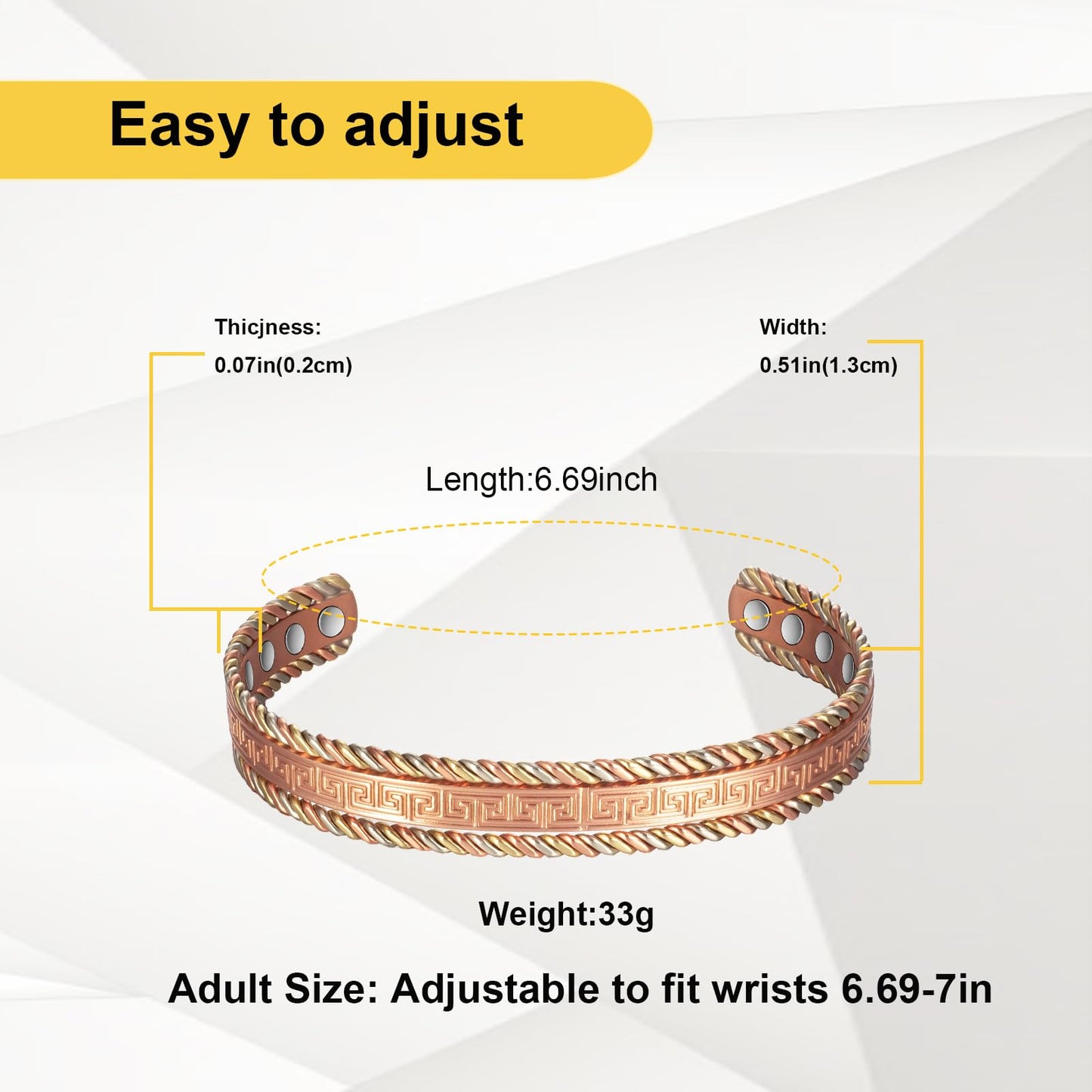 EnerMagiX Copper Bracelets for Men Women for Arthritis,6.69in Pure Copper Adjustable Retro Fashion Magnetic Bracelet, Magnetic Jewelry Present(2047)