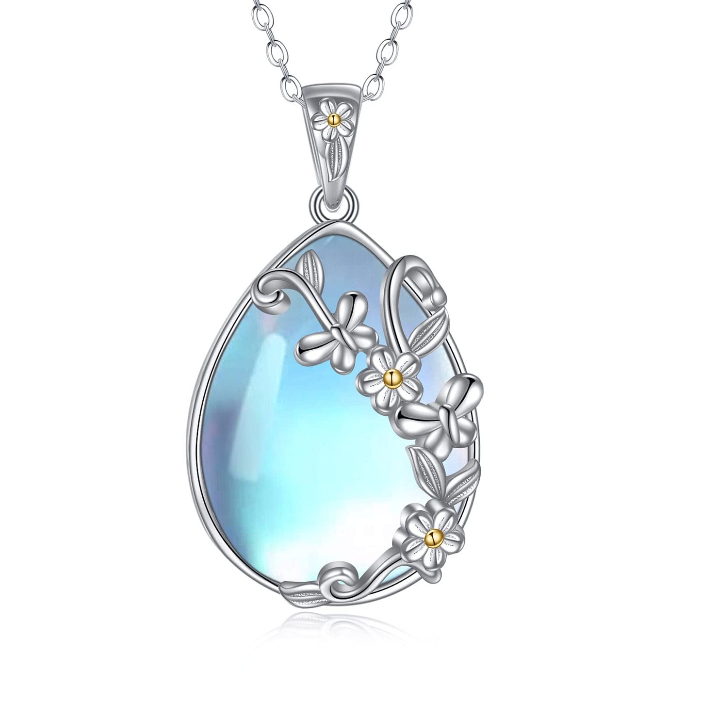 YAFEINI 925 Sterling Silver Moonstone Necklace Filigree Teardrop Daisy Butterfly Pendant Necklace Jewelry for Women (C-Daisy Butterfly Moonstone)