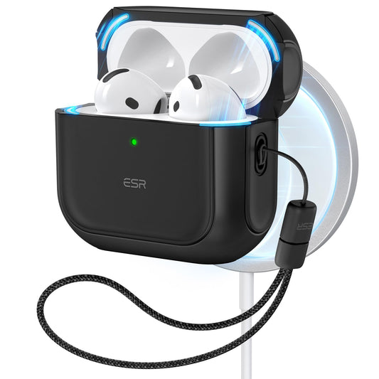 ESR for AirPods 4 Case, Compatible with AirPods 4th Generation Case (2024) (USB-C), Compatible with MagSafe, Drop Protection Cover with Lanyard, Magnetic Lid Lock, Orbit Hybrid Series, Black