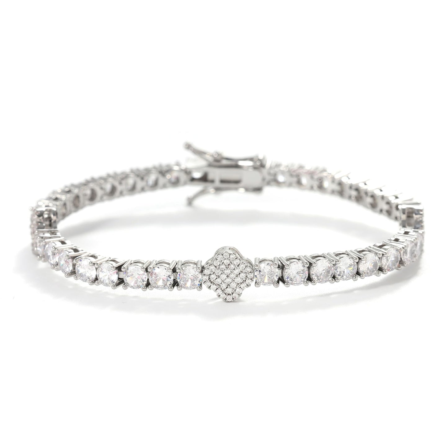 LuxeFlex 4mm Iced Out Clover Tennis Bracelet, White Gold Plated with 5A Zircon Stones, Handmade exquisite Hip Hop Jewelry, Perfect Unisex Gift (White Gold-All stone, 7)