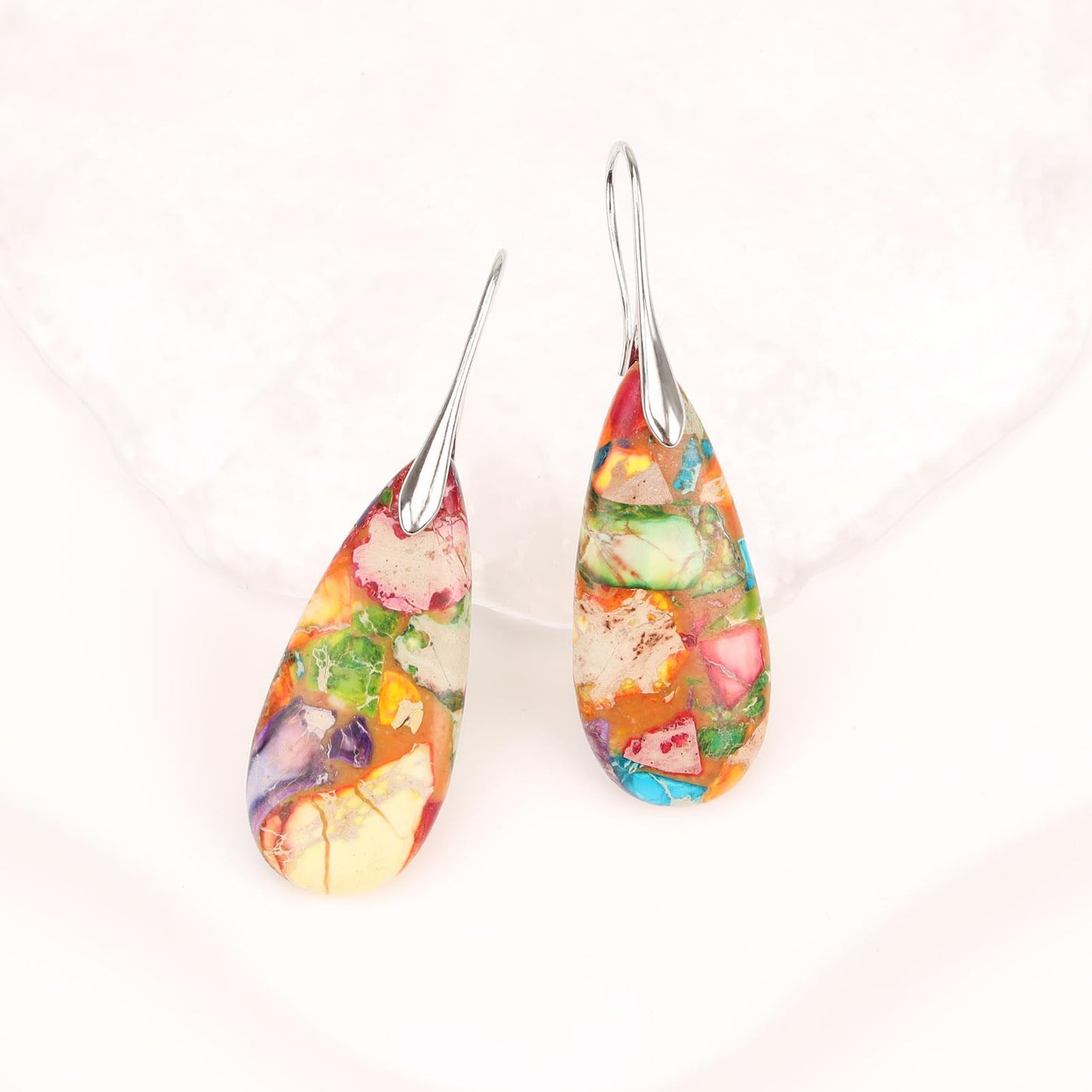 Lettarius Natural Crystal Healing Moon Stone Drop Earrings for Women Colorful Sea Sediment Rock Teardrop Birthstone Quartz Dangle Silver Plated Jewelry