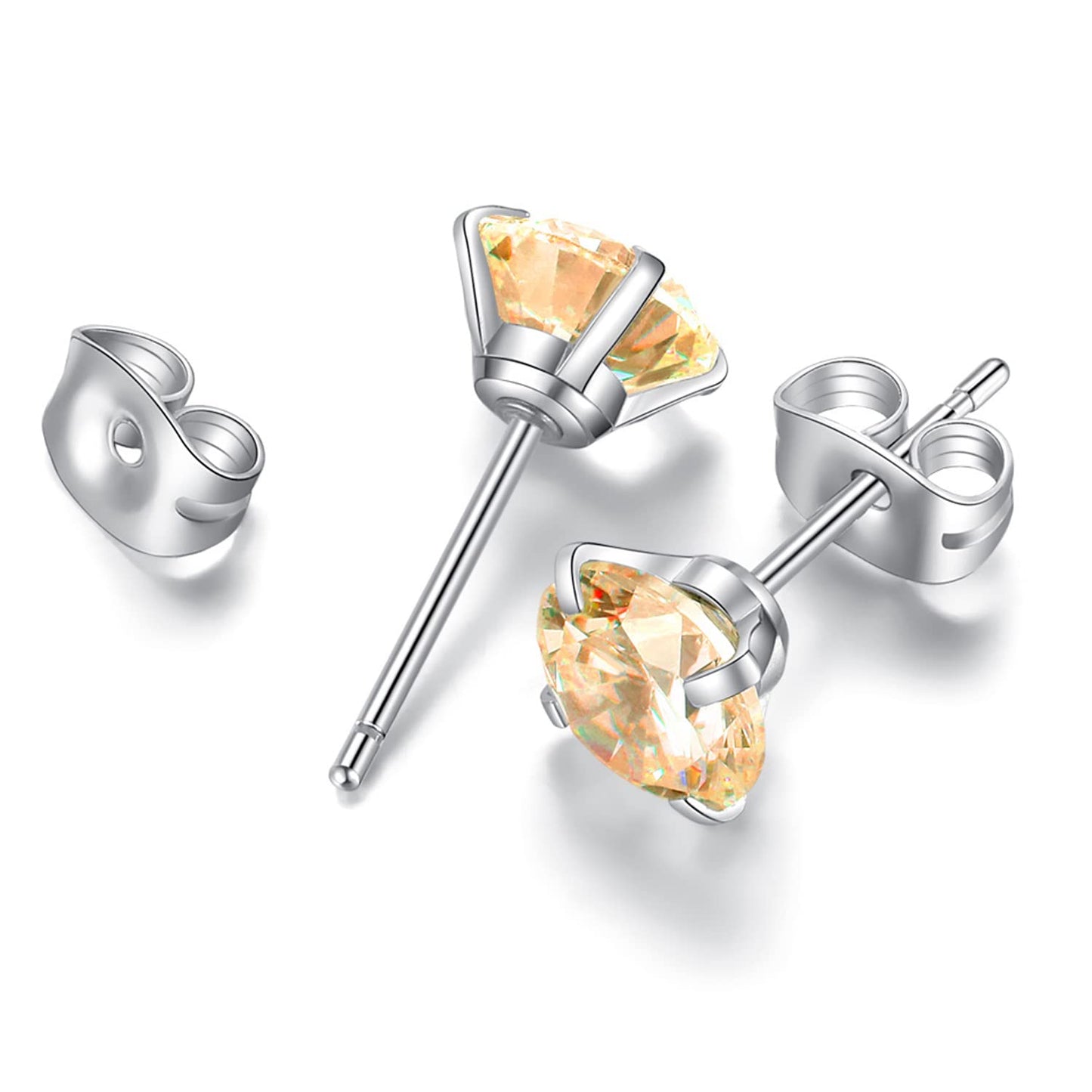 6 Pairs Stud Earrings Set, Hypoallergenic Cubic Zirconia Earrings 316L Stainless Steel CZ Earrings 3-8mm (Champagne CZ)