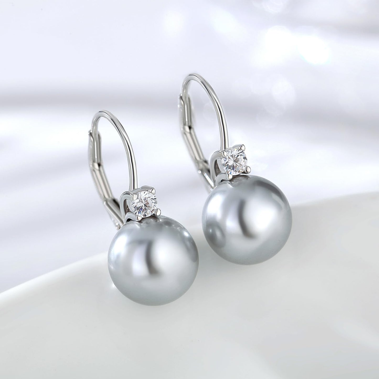 Jiahanzb Pearl Dangle Drop Earring for Women Cubic Zirconia CZ Pearl Leverback Earring Sterling Silver Gray Dangling Earrings 10mm Jewelry