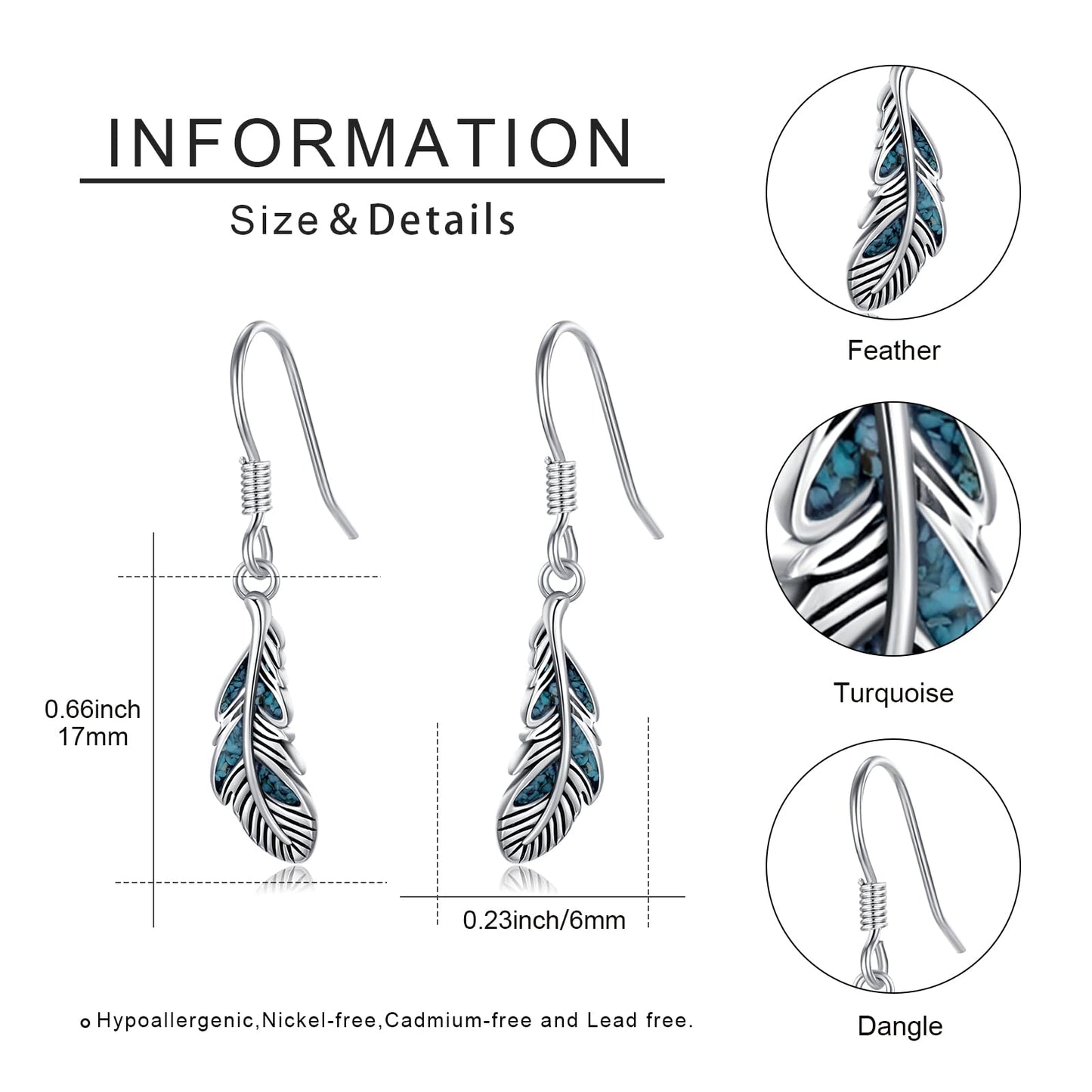 KoyeKei Turquoise Feather Earrings 925 Sterling Silver Feather Dangle Drop Earrings Western Jewelry Country Christmas Graduation Gifts for Women Her