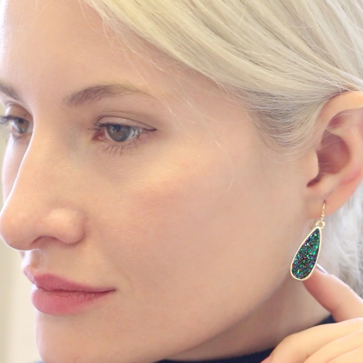 Simulated Druzy Drop Dangles - Sparkly Long Teardrop Dangly Earrings for Women, Gold Tone - Black Created Opal